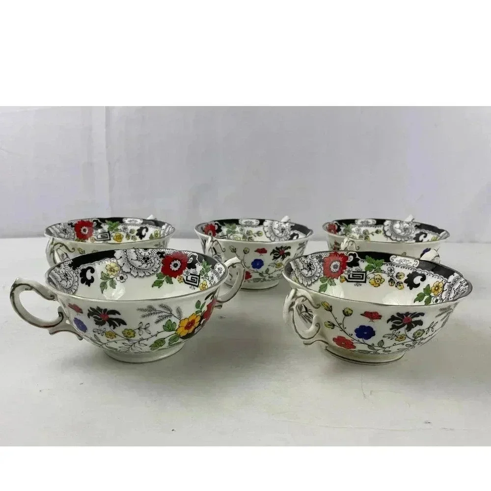 VTG Set of 7 Swansea Tea‎ Cups Floral Pattern Bone China Canton Gold Trim
